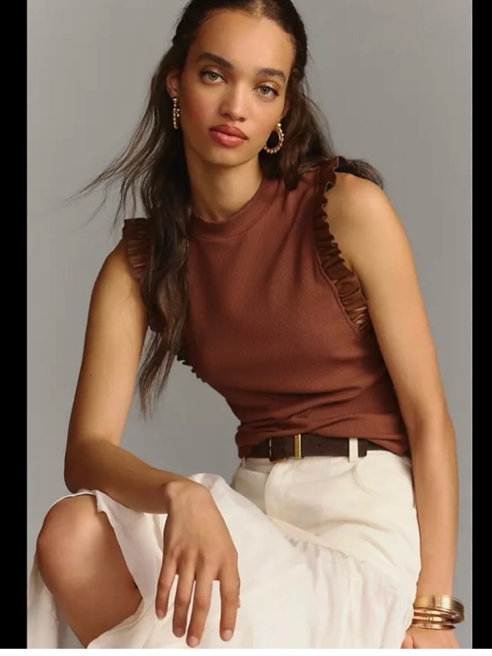 Sunday in Brooklyn Ribbed Ruffle-Trim Tank Top - Brown from Anthropology